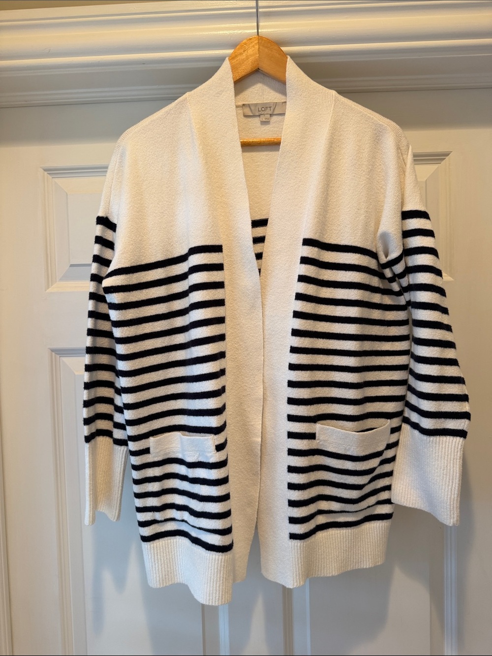 LOFT Cream and Navy Striped Open Cardigan